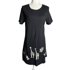 Vintage 90s Coconut Bay Black Petite Medium TShirt Dress Animal Stamped Painted